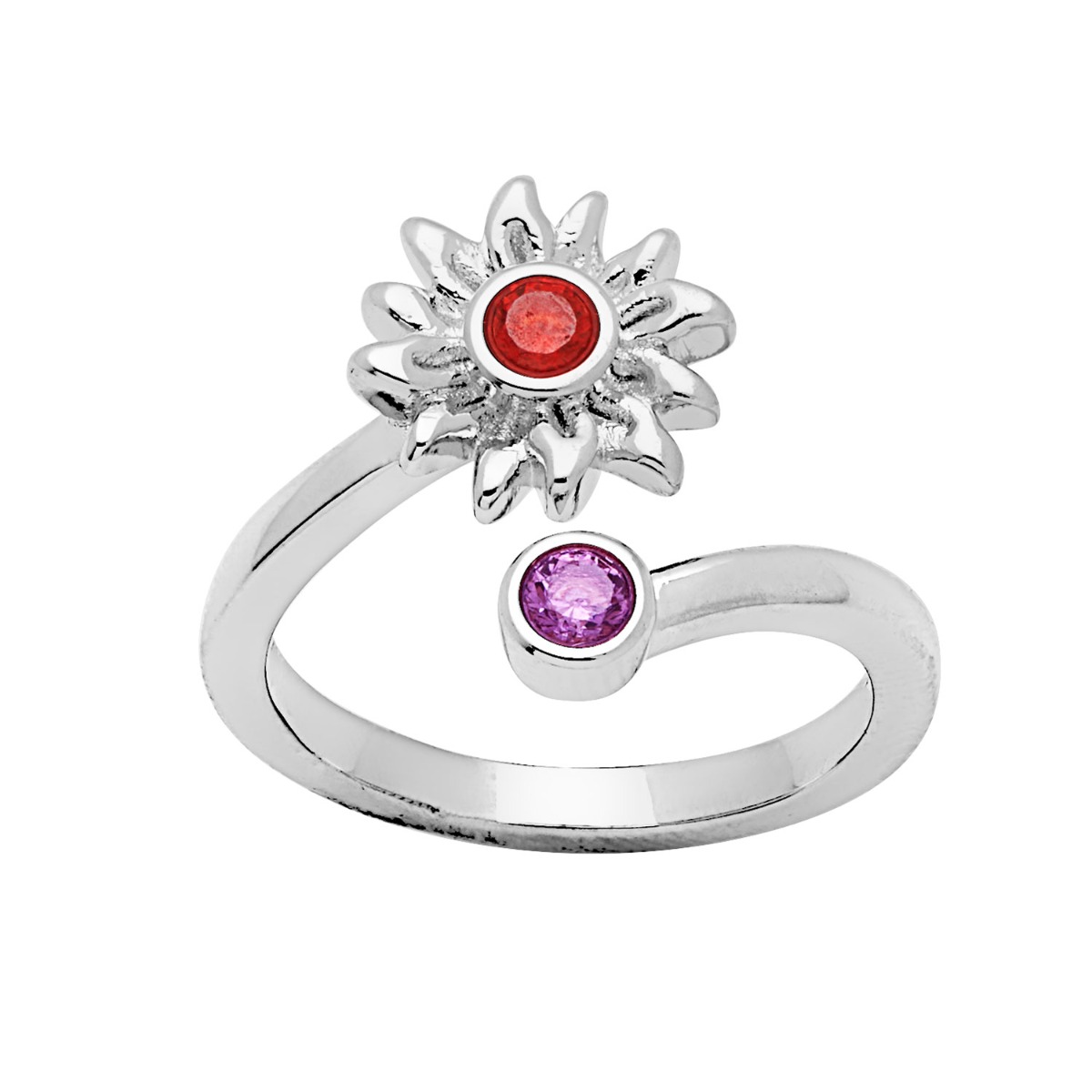Silver Plated Sunflower with Birthstone Bypass Ring