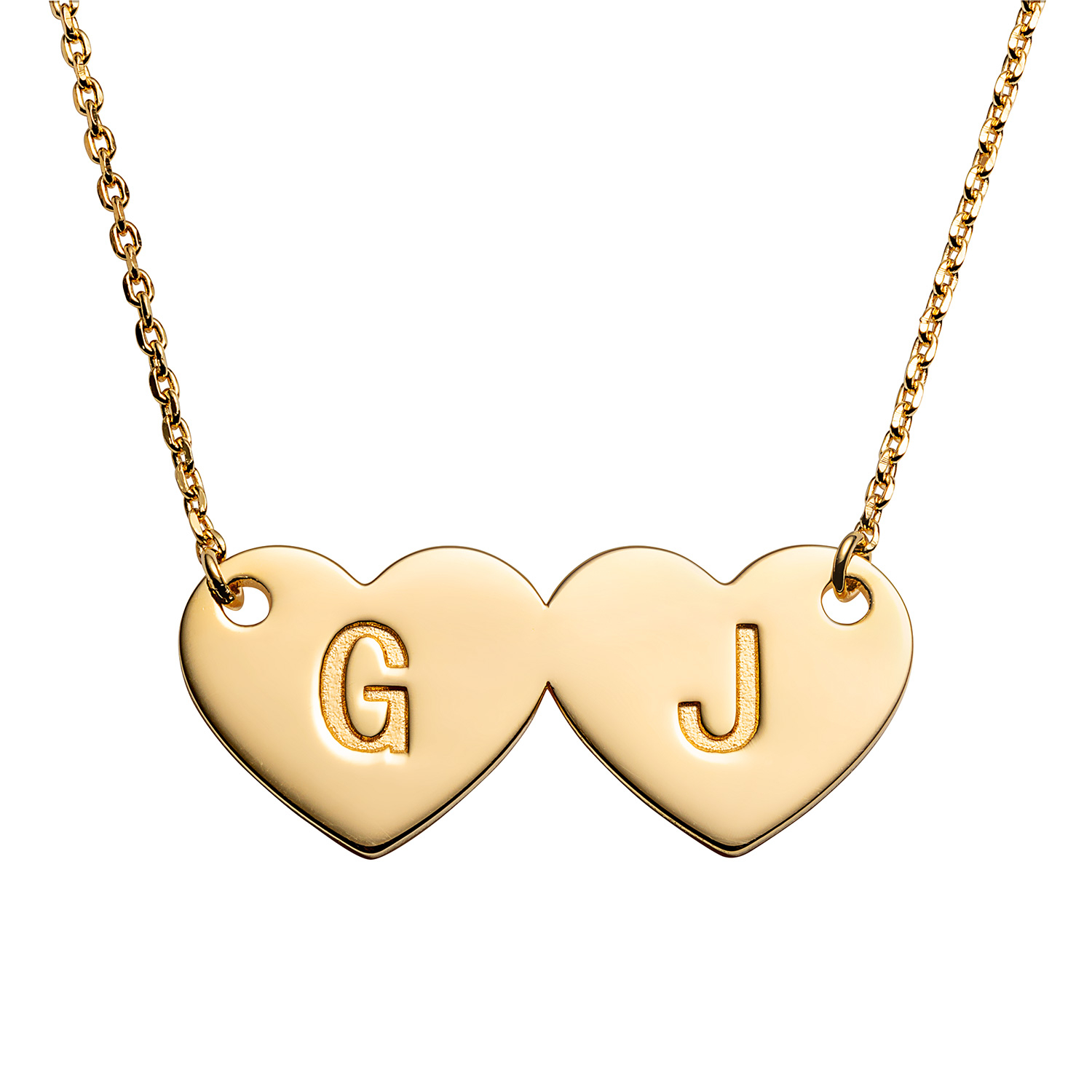 14K Gold over Sterling Engraved Initials Double Heart Necklace