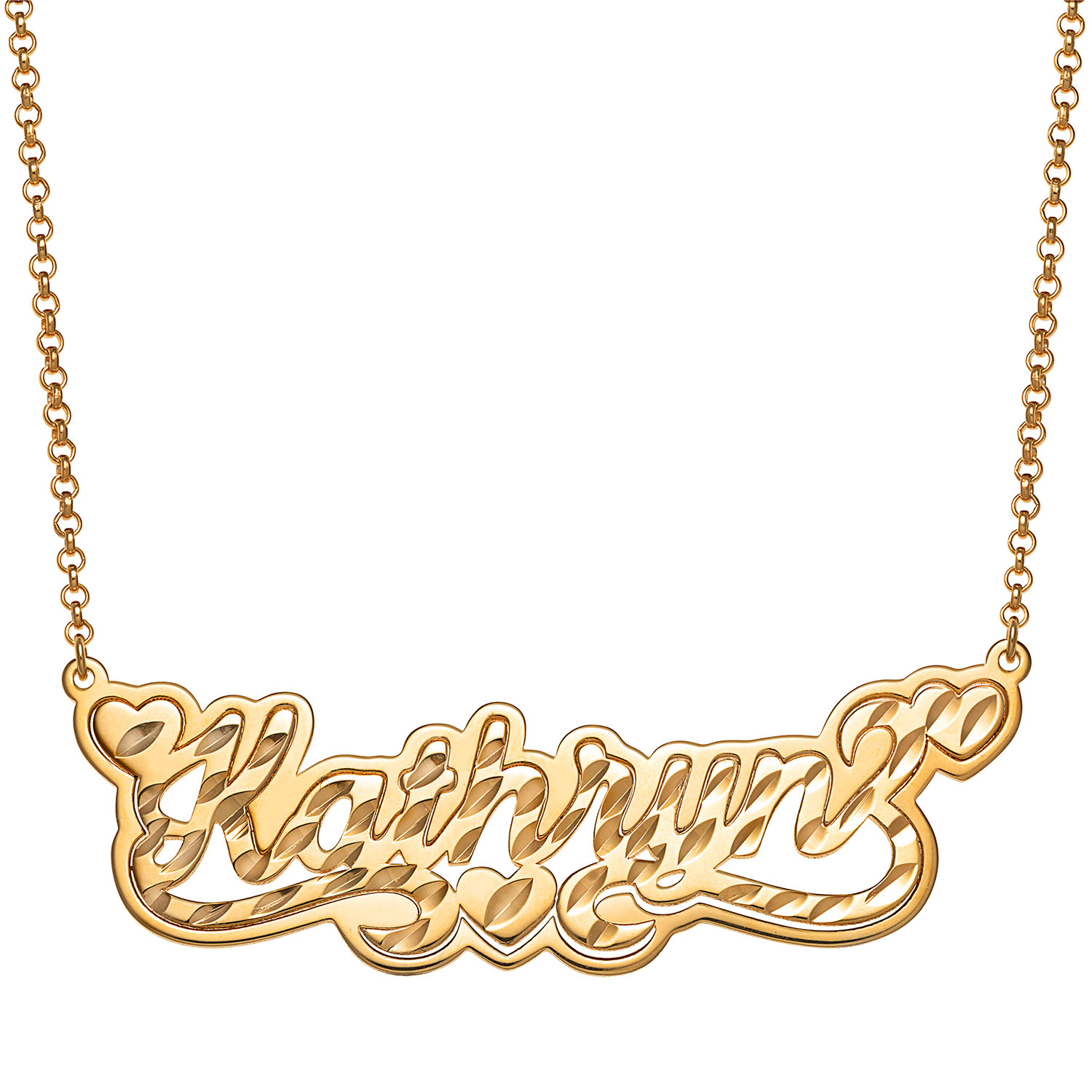 14K Gold over Sterling  Name with Diamond Cut and Heart Swirl Necklace