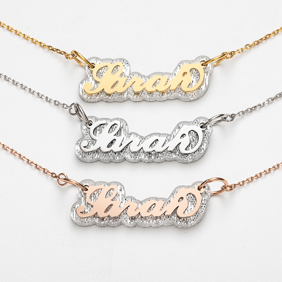Stainless Steel Name on Clear Glitter Plaque Necklace