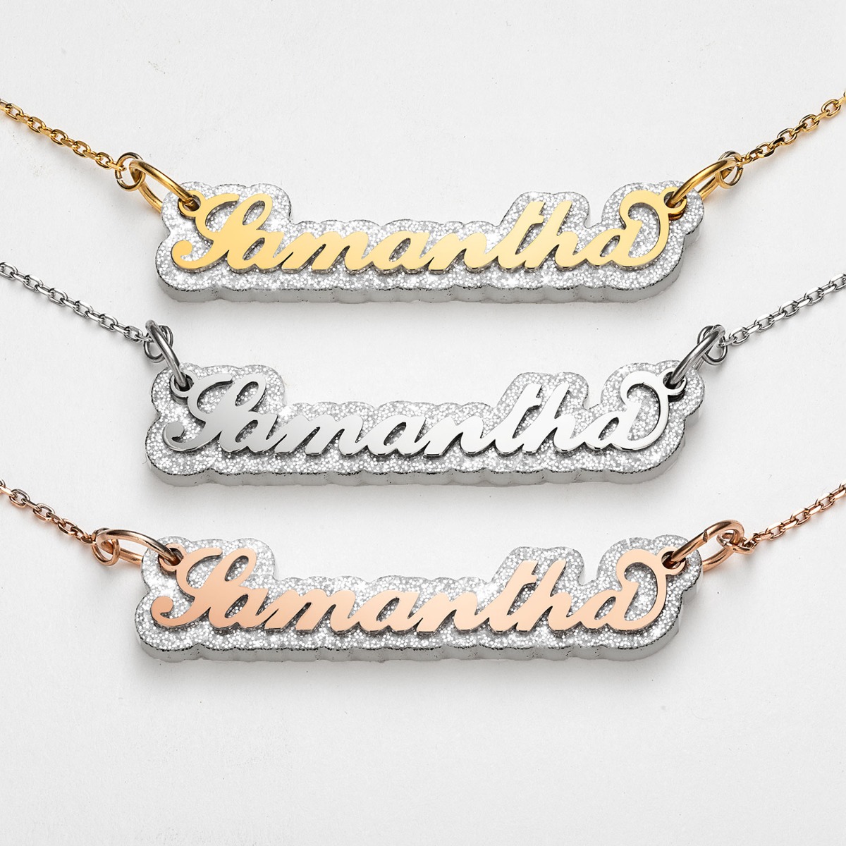 Stainless Steel Name on Silver Glittery Plaque Necklace